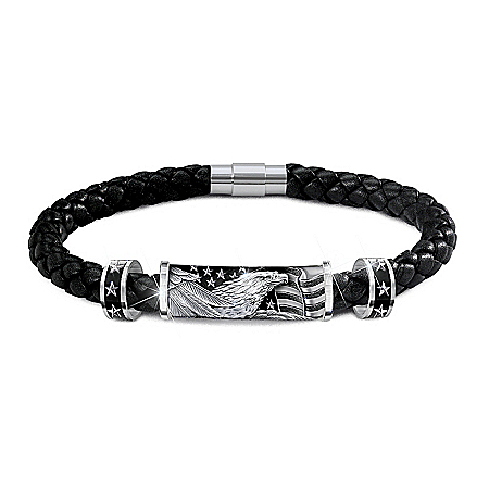 Stainless Steel Star-Spangled Banner Mens Leather Bracelet