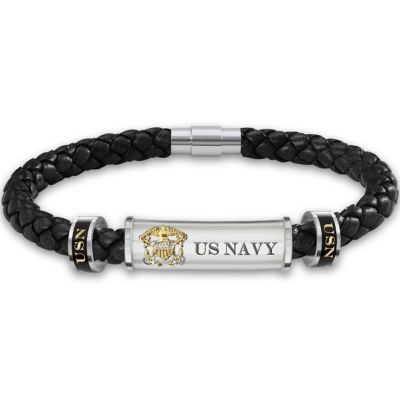 U.S. Navy Personalized Mens Leather ID Bracelet