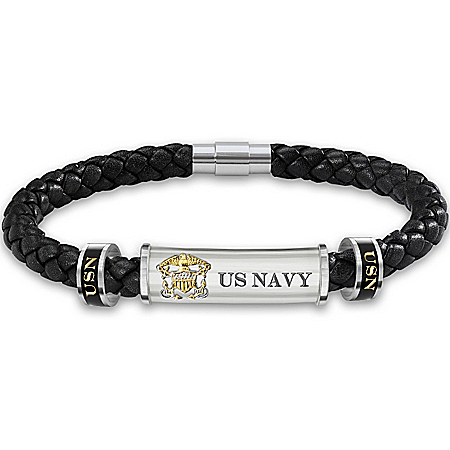 U.S. Navy Personalized Mens Leather ID Bracelet