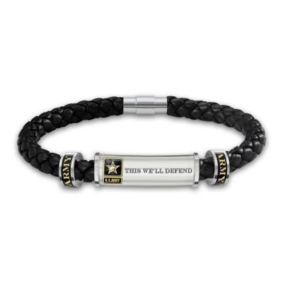 U.S. Army Personalized Mens Stainless Steel Leather Bracelet