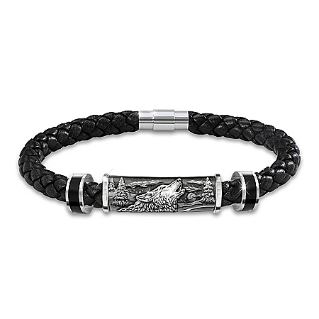 Spirit Of The Wilderness Howling Wolf Mens Leather Bracelet With Magnetic Clasp