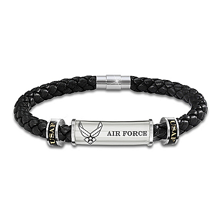 Air Force Personalized Mens Braided Black Leather ID Bracelet