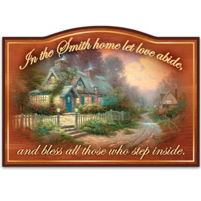 Thomas Kinkade Let Love Abide Personalized Wooden Welcome Sign With Teacup Cottage Artwork