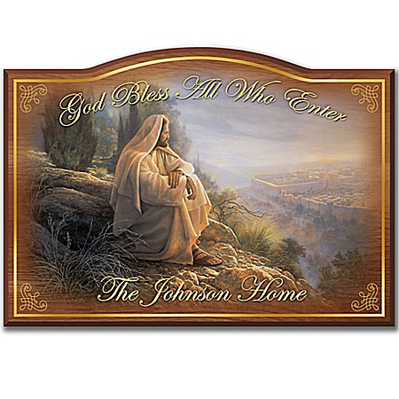 God Bless All Who Enter Personalized Welcome Sign With Image Of Jesus