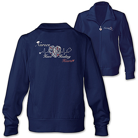 Nurses Have Healing Hearts Womens Embroidered Knit Jacket: Navy Blue