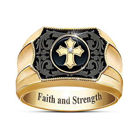 Cowboy's Faith And Strength Mens Diamond And Onyx Western Ring Plated In 18K Gold