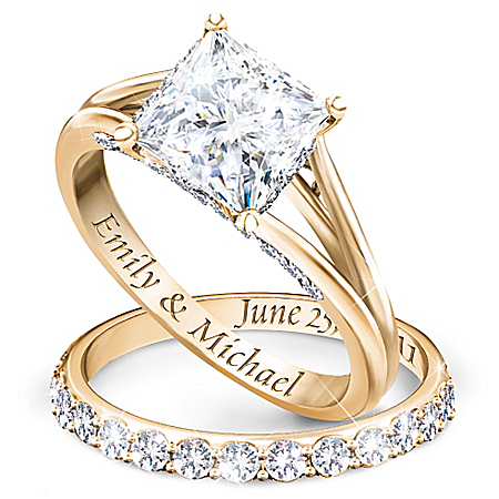 Princess 18K Gold-Plated Personalized Bridal Wedding Ring Set For Women