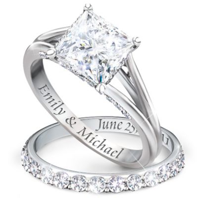 Princess Platinum-Plated Personalized Bridal Wedding Ring Set For Women