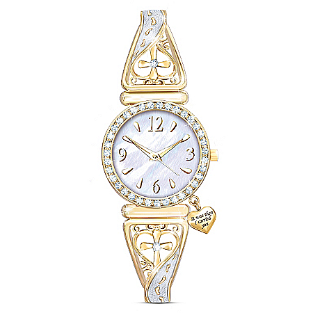 Footprints Of Faith Gold-Tone Filigree-Designed Religious Womens Watch