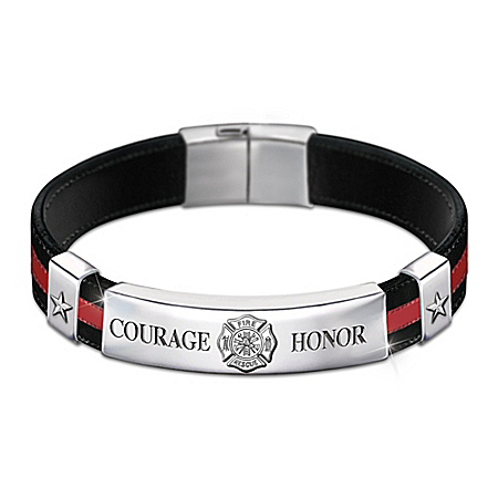 In The Line Of Duty Firefighter Mens Leather Bracelet