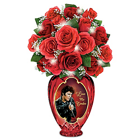 Elvis Presley Love Me Tender Red Valentine Rose Arrangement Table Centerpiece In Crimson Crystal Vase