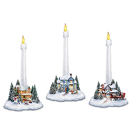Thomas Kinkade Holiday Lights, Spirits Bright Village Candleholders With Flameless Candles