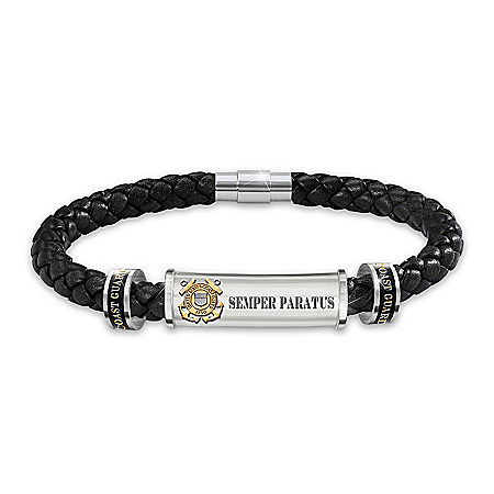 U.S. Coast Guard Personalized Mens Magnetic Clasp Leather Bracelet