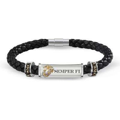 USMC Semper Fi Personalized Leather ID Bracelet