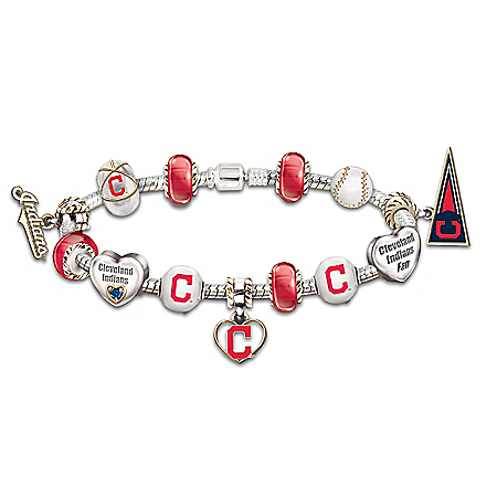 MLB-Licensed Go Cleveland Indians! #1 Fan Womens Sterling Silver Plated Jewelry Charm Bracelet