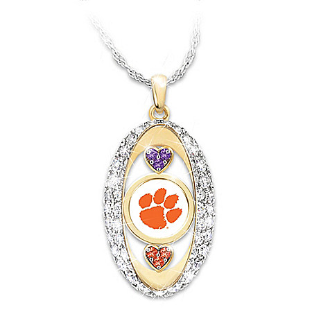 18K Gold Plated Clemson Tigers Pride! Swarovski Crystal Hearts Pendant Necklace