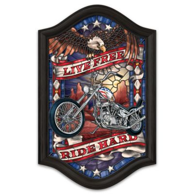 Live Free, Ride Hard Illuminated Motorcycle Stained-Glass Wall Decor