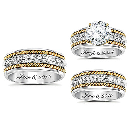 Western Romance His & Hers Personalized Sterling Silver Wedding Ring Set