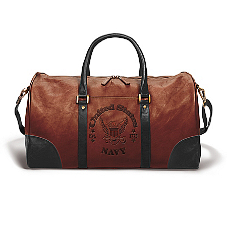 NAVY Embossed Leather Duffel Tote Bag