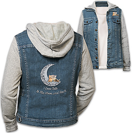 I Love Cats To The Moon And Back Women’s Denim Vested Hoodie