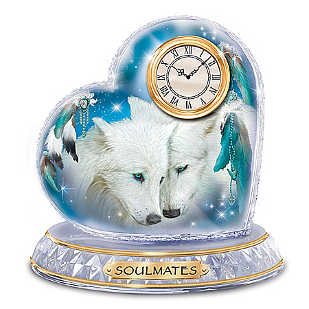 Soulmates Multi-Faceted Genuine Crystal Wolf Heart Clock