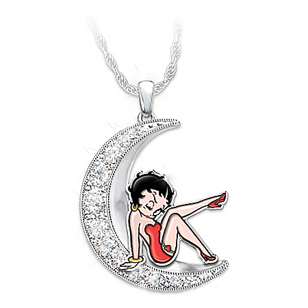 Over The Moon With Betty Boop Womens Crescent Moon-Shaped Crystal Pendant Necklace