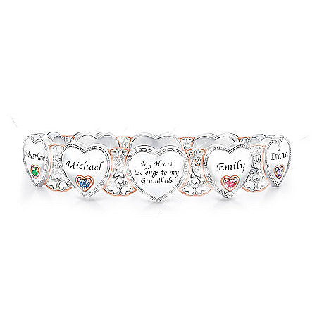 Grandma's Heart & Joy Personalized Birthstone Womens Sterling Silver Plated Bracelet