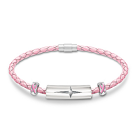 Strength Of Hope Religious Breast Cancer Awareness Genuine Leather Diamond Bracelet