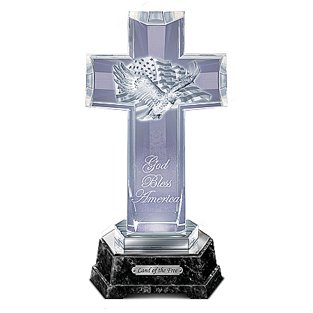 God Bless America Illuminated Glass Cross Sculpture