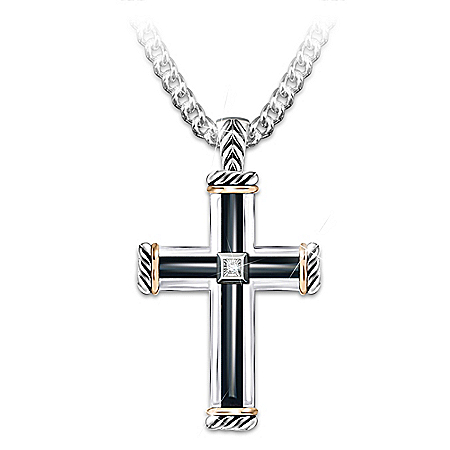 God Is My Strength Mens Religious Diamond Cross Pendant Necklace