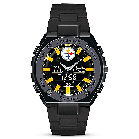 It's Pittsburgh Steelers Time! Mens NFL Ani-Digi Stainless Steel Watch