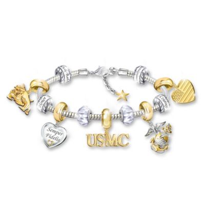 Pride Of USMC Womens Sterling Silver-Plated Charm Bracelet