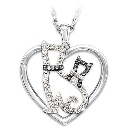 Cat Lover's Womens Heart-Shaped Crystal Pendant Necklace