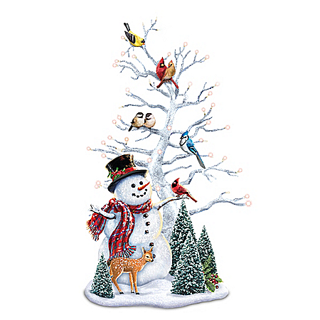 Dona Gelsinger Winter's Gathering Illuminated Snowman & Songbird Tabletop Centerpiece