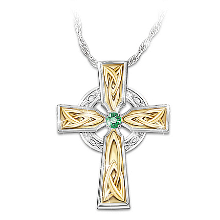 Irish Blessing Womens Celtic Solitaire Emerald Cross Pendant Necklace