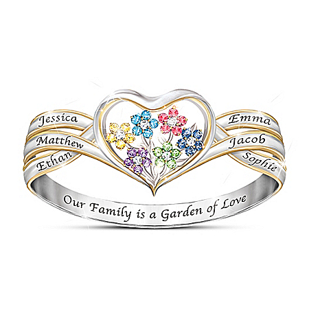 Our Family Is A Garden Of Love Womens Personalized Heart-Shaped Birthstone Ring