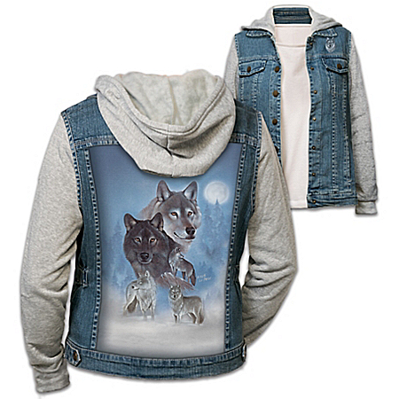 Wild Spirit Womens Denim Vest Hoodie Featuring Eddie LePage Wolf Art