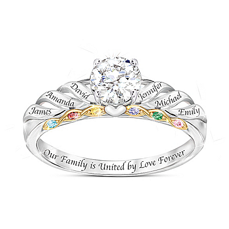 Family Is Forever Womens White Topaz & Birthstone Personalized Ring