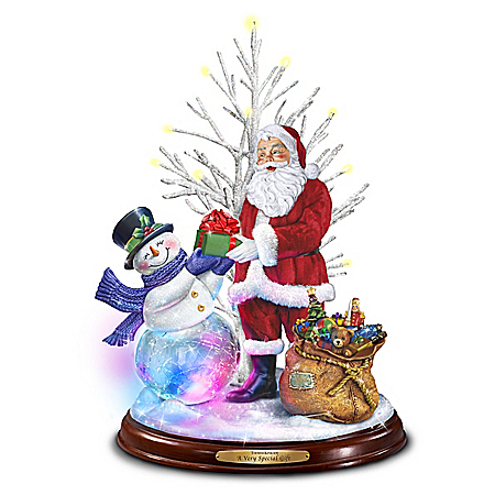 Thomas Kinkade A Very Special Gift Illuminated Snowman And Santa Claus Sculpture