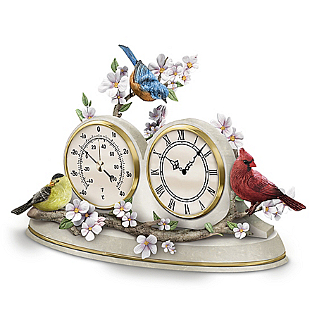 Nature's Timeless Moments Sculpted Songbird Desktop Clock & Weather Barometer