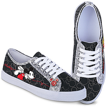 Classic Disney Womens Canvas Shoes With Glitter Trim & Mickey Mouse Head Charm
