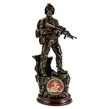 Courage Cold-Cast Bronze Marine Sculpture With 24K Gold-Plated USMC Challenge Coin