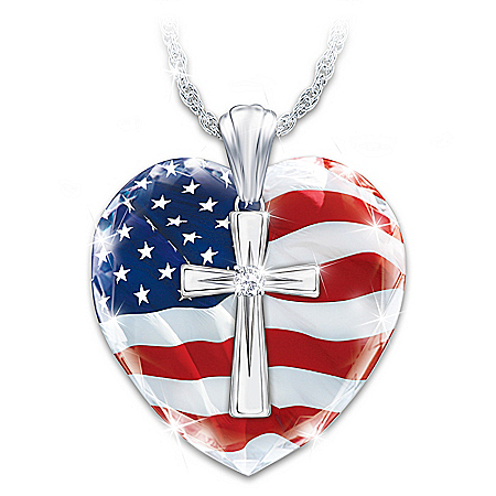 God Bless America Womens Heart-Shaped Diamond Pendant Necklace