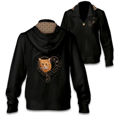 Paw Prints On My Heart Womens Cotton-Blend Knit Front Zip Cat-Themed Hoodie