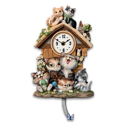 Frolicking Felines Fully Sculpted Hand-Painted Cat-Themed Cuckoo Clock