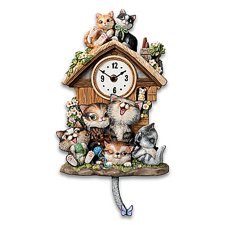 Frolicking Felines Fully Sculpted Hand-Painted Cat-Themed Cuckoo Clock
