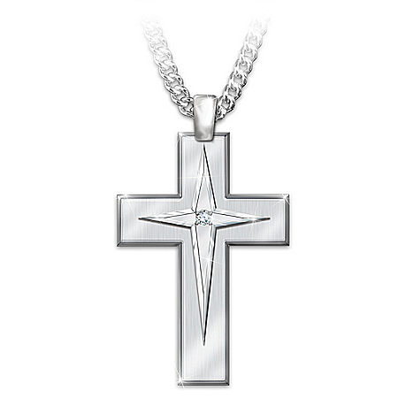 God's Blessings Mens Stainless Steel Religious Cross Pendant Necklace With Deluxe Valet Box & Poem Card