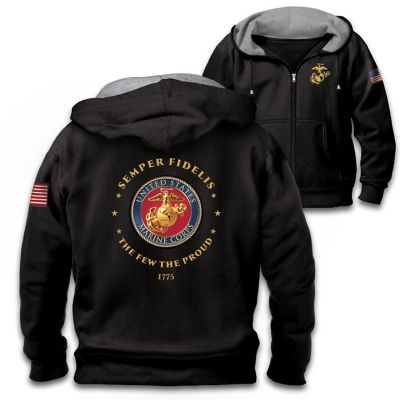 Proud To Serve U.S. Marines Mens Black Knit Fleece Front-Zip Hoodie