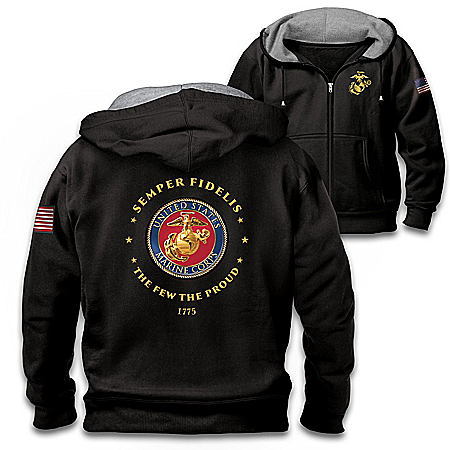 Proud To Serve U.S. Marines Mens Black Knit Fleece Front-Zip Hoodie