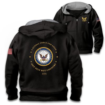 Proud To Serve U.S. Navy Mens Black Knit Fleece Front-Zip Hoodie